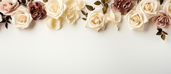 Beige rose flowers eringium flower and eucalyptus branches on a white background create a floral border frame Copy space image Place for adding text or design