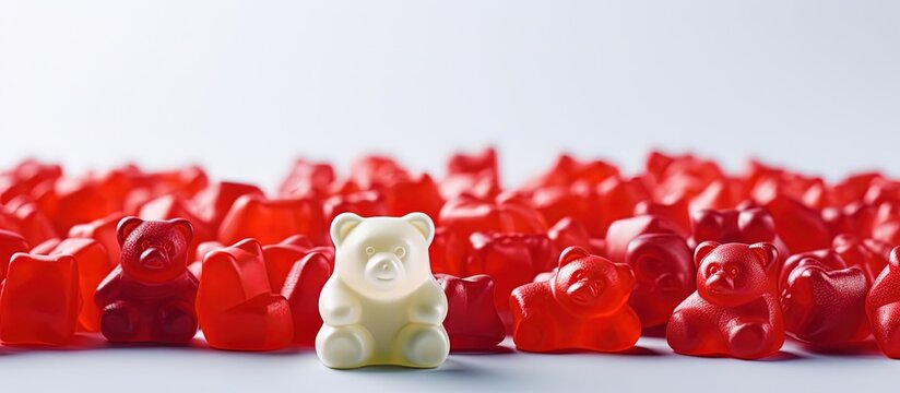 Diverse red gummy bears with one white bear Copy space image Place for adding text or design