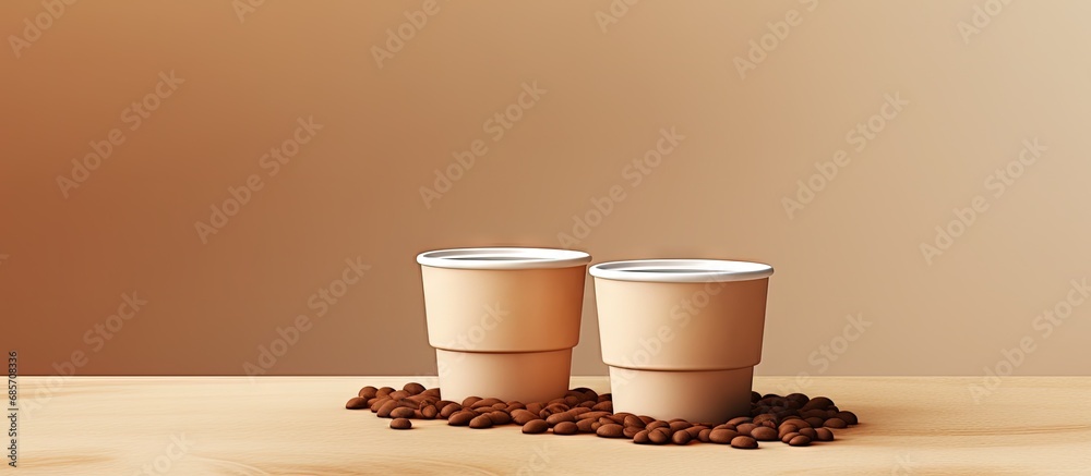 Leinwandbilder Coffee cups with blank labels float in 3D illustration over beige background Minimal food and beverage concept Copy space image Place for adding text or design