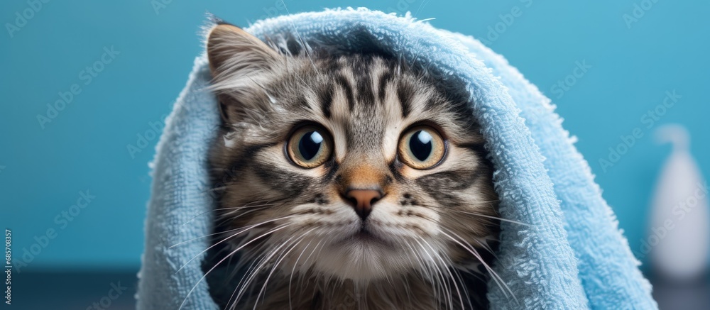 Poster After a bath a cute gray tabby kitten with big eyes is wrapped in a towel Copy space image Place for adding text or design