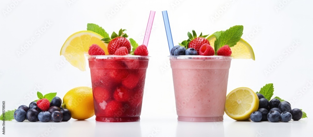 Aufkleber Berry mojito and regular mojito fruity drinks in plastic cups isolated on white Copy space image Place for adding text or design