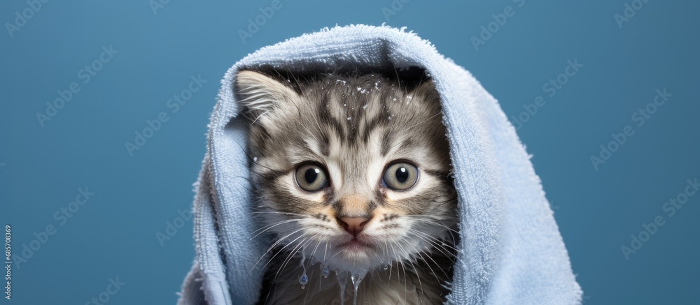 Poster After a bath a cute gray tabby kitten with big eyes is wrapped in a towel Copy space image Place for adding text or design