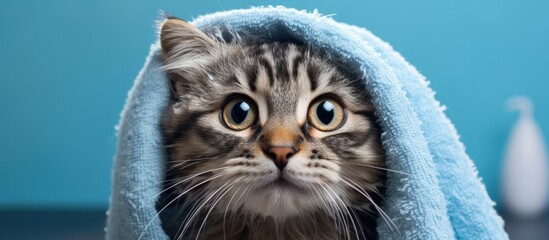 After a bath a cute gray tabby kitten with big eyes is wrapped in a towel Copy space image Place for adding text or design