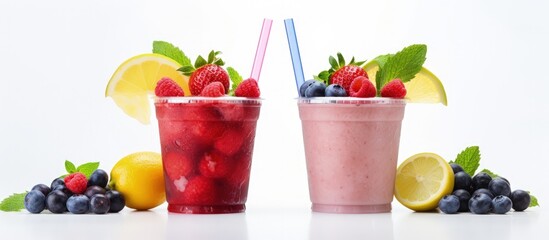 Berry mojito and regular mojito fruity drinks in plastic cups isolated on white Copy space image Place for adding text or design