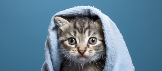 After a bath a cute gray tabby kitten with big eyes is wrapped in a towel Copy space image Place for adding text or design