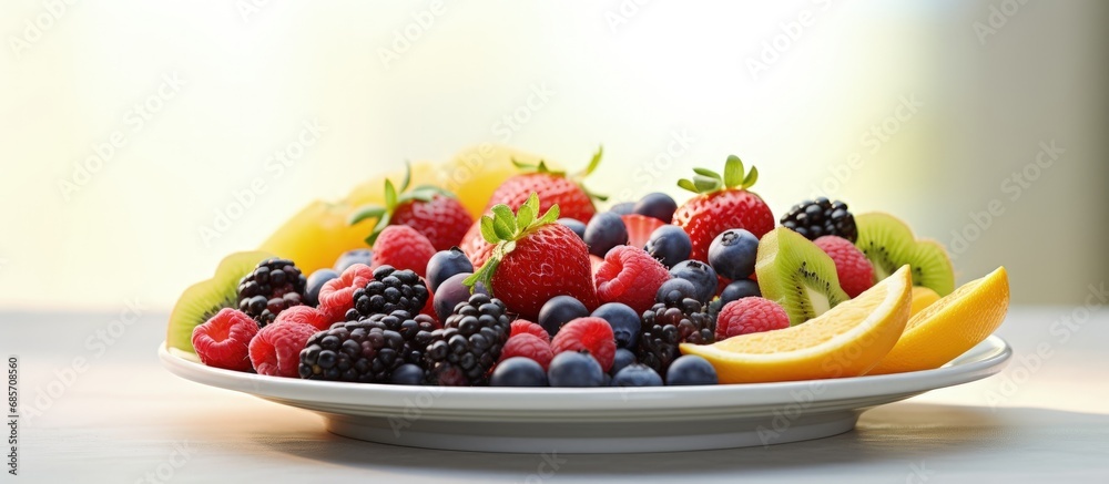 Aufkleber Assorted fresh fruits and berries on a white plate placed on an off white table with a selective focus Copy space image Place for adding text or design
