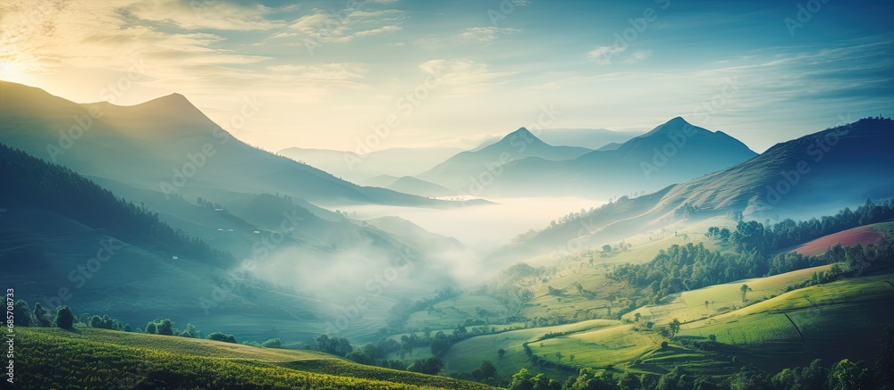 Aufkleber beautiful sunrise in the mountains nature view from kolukkumalai munnar kerala concept image copy sp