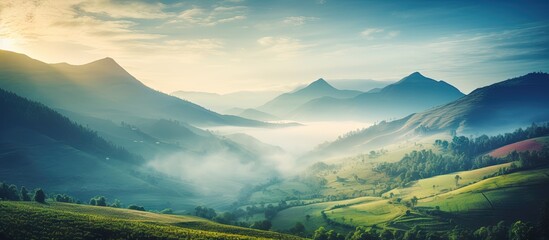 Beautiful sunrise in the mountains nature view from Kolukkumalai Munnar Kerala concept image Copy space image Place for adding text or design - obrazy, fototapety, plakaty