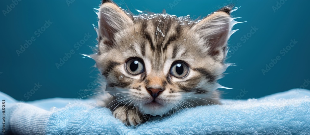 Poster After a bath a cute gray tabby kitten with big eyes is wrapped in a towel Copy space image Place for adding text or design
