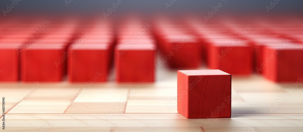 Poster Closeup of a unique red wooden cube among blocks Copy space image Place for adding text or design