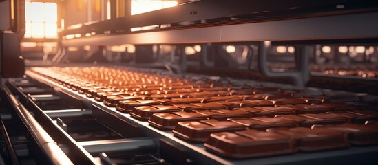 Automated chocolate production process in an industrial factory Copy space image Place for adding...