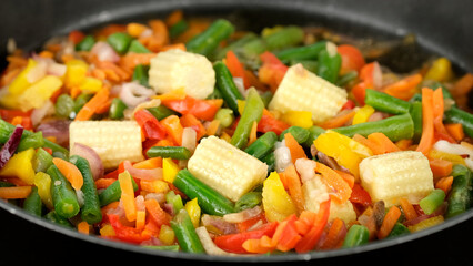 Cooking vegetables in pan. Healthy food, vegetarian cuisine