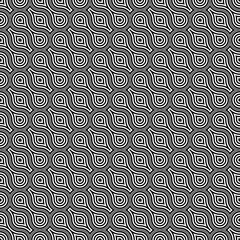 Repeated white interlocking figures tessellation on black background. Rounded blocks wallpaper. Seamless surface pattern design with pavers. Mosaic motif. Digital paper with dumbbell shapes. Vector.