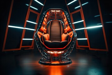 Experience the cutting edge of style with a cyberpunk chair bathed in the glow of neon orange lights, perfect for an avant-garde lounge setting.