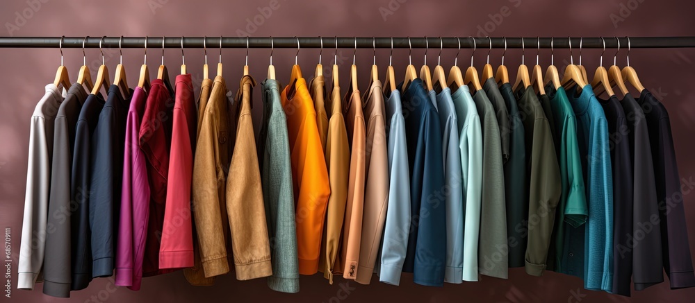 Poster Detailed view of garments on a hanging display Copy space image Place for adding text or design