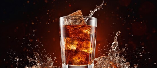 Fototapeta na wymiar Close up of fizzy cola with ice cubes floating to the top in a glass Copy space image Place for adding text or design