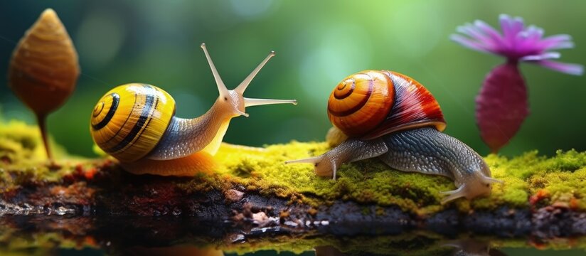 Cuban snails called Painted Snails are rare endangered and protected land snails known for their vibrant colors Copy space image Place for adding text or design