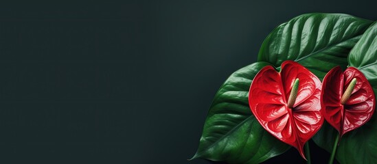 Fototapeta na wymiar Anthurium is a red heart shaped flower renowned for symbolizing hospitality complemented by dark green leaves Copy space image Place for adding text or design