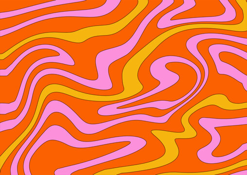 Surreal trippy abstract background with thin flowing lines on a red background. Funky comic vector backdrop