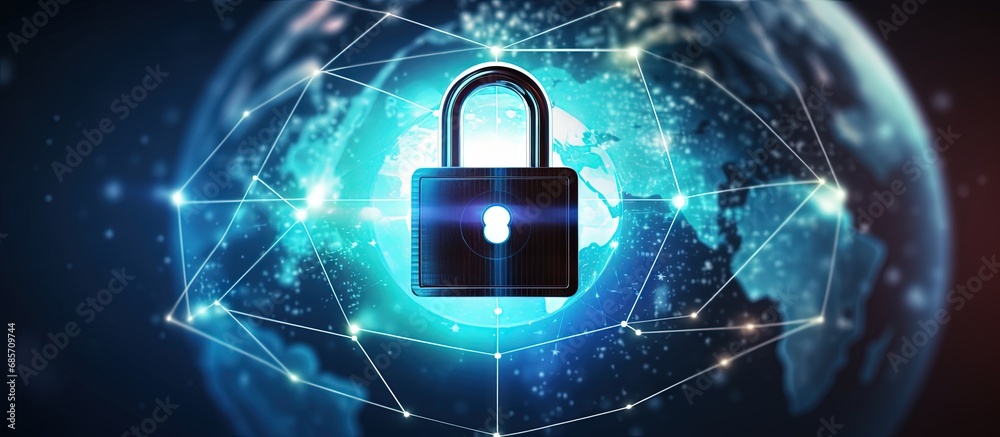 Aufkleber Data security system concept incorporating cyber security innovation technology and internet network communication represented by a padlock icon on a blurred earth with a digital network backgr