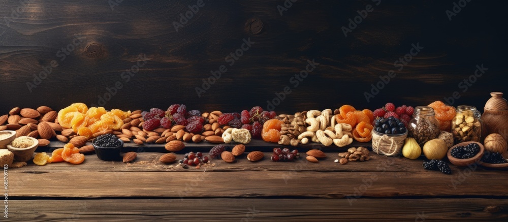 Poster Assorted dried fruits and nuts on antique table Copy space image Place for adding text or design