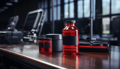 Plakat Gym supplies nutrition creatine, creatine monohydrate powder blank mockup jar in the gym. Protein and recommends taking sports nutrition while doing bodybuilding. guy muscles protein training. 