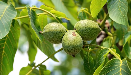 WALNUT TREE WITH GROWN SMALL NUT CLOSE UP