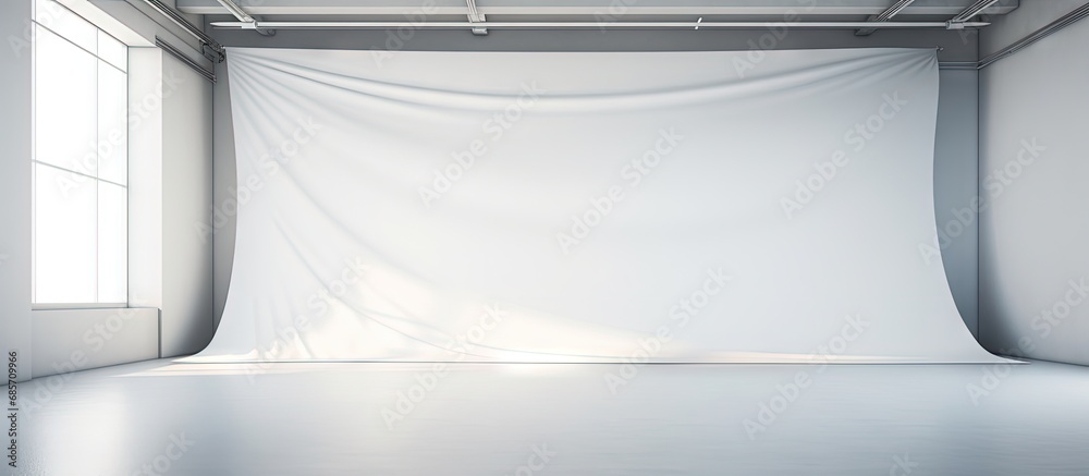 Poster Bright and spacious photo studio with plain wall and window lighting Copy space image Place for adding text or design