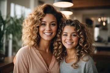 Close-up portrait of a beautiful smiling mom and teenage daughter at home. A curly-haired woman and a girl happily look into the camera. Mother's Day, Women's Day, Family Day.