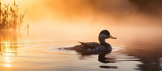 Duck swimming in foggy morning pond Copy space image Place for adding text or design