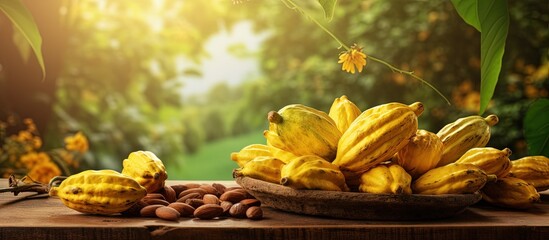 Dried yellow cocoa beans with fresh pods on wood table cocoa plant in background Copy space image Place for adding text or design - obrazy, fototapety, plakaty