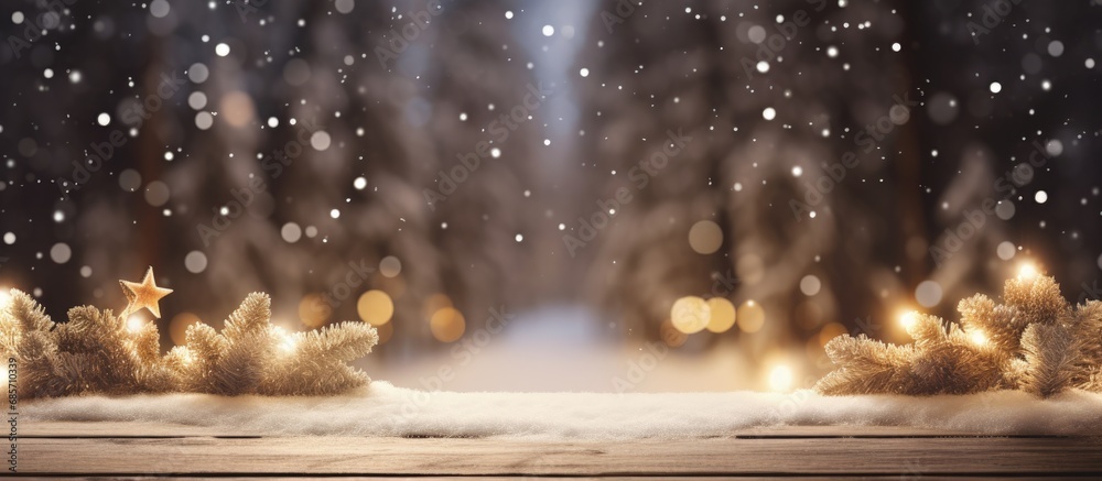 Poster Christmas themed wood table with snowy background and bokeh lights suitable for product display or montage Copy space image Place for adding text or design