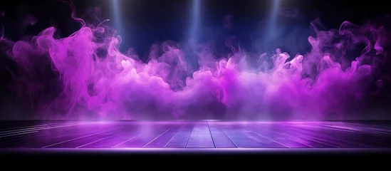 Foto op Plexiglas Dark stage with purple background empty scene neon light spotlights Asphalt floor and studio room display products with floating smoke for illustration Copy space image Place for adding text or © HN Works