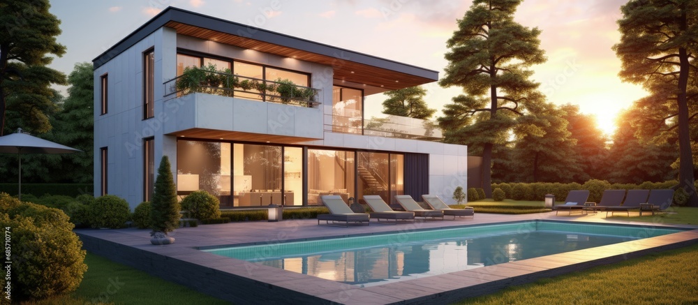 Poster contemporary two storey country home with pool and stunning garden sunset ambiance text space availa