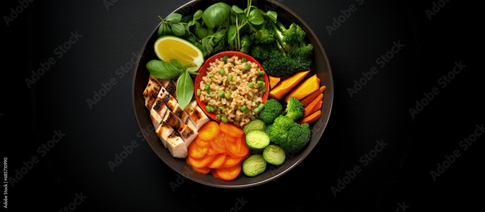 Poster Bowl with various ingredients on black background top view free space for text Copy space image Place for adding text or design
