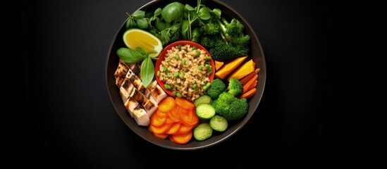Bowl with various ingredients on black background top view free space for text Copy space image...
