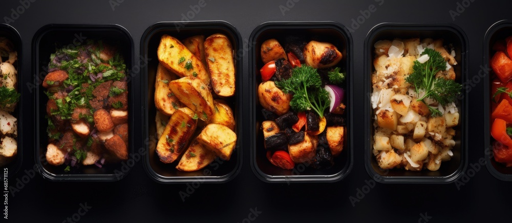 Poster Bird s eye view of nutritious coal cooked takeaway dishes Copy space image Place for adding text or design