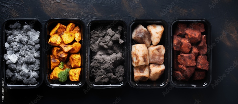 Poster Bird s eye view of nutritious coal cooked takeaway dishes Copy space image Place for adding text or design