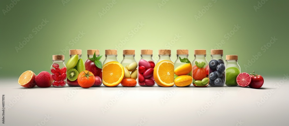 Aufkleber Concept of health nutrition and vitamin capsules with various fruits illustrated in 3D Copy space image Place for adding text or design
