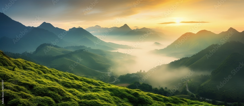 Poster Beautiful sunrise in the mountains nature view from Kolukkumalai Munnar Kerala concept image Copy space image Place for adding text or design