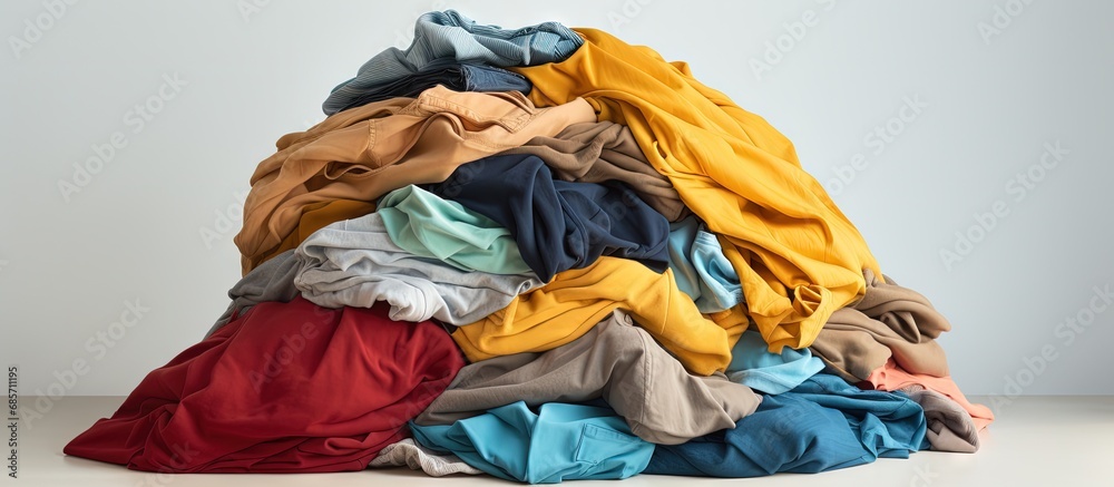 Poster Clothes stacked on a white surface Copy space image Place for adding text or design