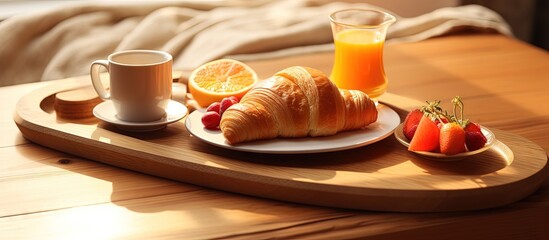 Delicious morning meal on wooden tray Copy space image Place for adding text or design - obrazy, fototapety, plakaty