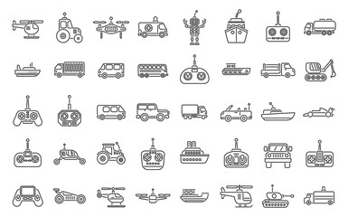 Radio control toys icons set outline vector. Rc toy model. Remote control play - obrazy, fototapety, plakaty