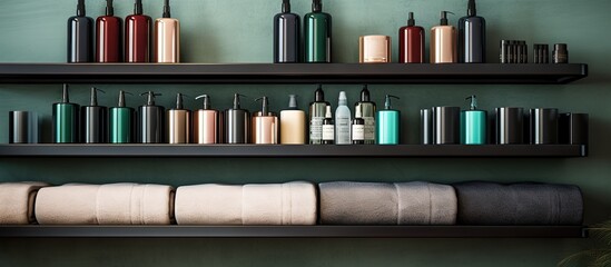 Closeup of barbershop wall with shelves of rolled towels and hair products Copy space image Place for adding text or design - obrazy, fototapety, plakaty