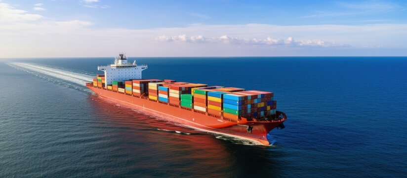 A cargo ship transporting containers for trade and transportation seen from above Copy space image Place for adding text or design