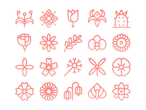 Flower Icon Set Gradient Outline Style. Floral Icons Collection, Perfect for Websites, Landing Pages, Mobile Apps, and Presentations. Suitable for UI UX.