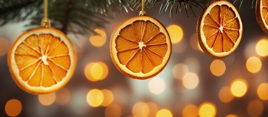 DIY Christmas tree decoration with dried orange slices Focus on environment recycling reusing and zero waste Copy space image Place for adding text or design