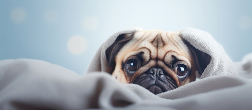 Brachycephalic pet insurance concept portrayed by cute Pug under a blanket Copy space image Place for adding text or design