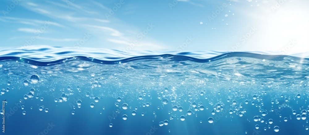 Poster Abstract nature background with calm clear and bubbly blue water waves in sunlight Copy space image Place for adding text or design
