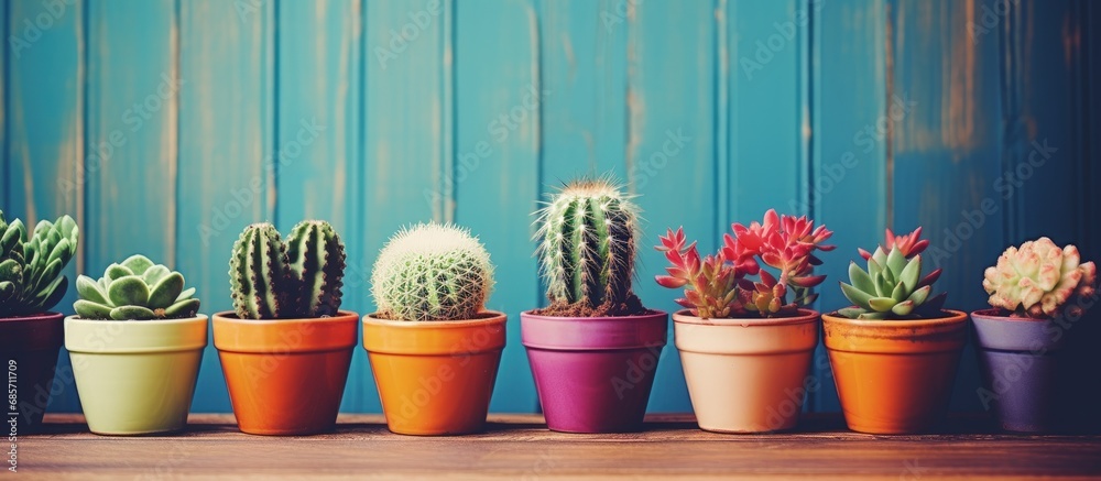 Fototapete Cactus and succulents in small flowerpots in a rustic interior with a retro filter effect Copy space image Place for adding text or design